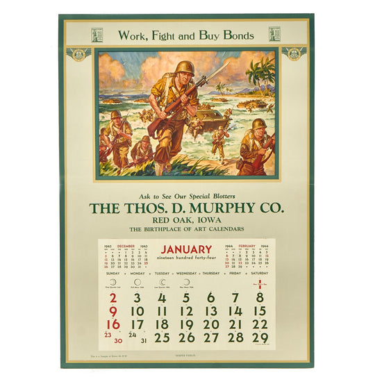 Original U.S. WWII US Marine Corps “Work, Fight and Buy Bonds” January 1944 Calendar Sample Page by Thos. D. Murphy Co. Factory and Power Plant - 27 ¼” x 19 ½” Original Items