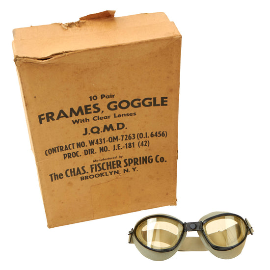 Original U.S. WWII Early War 1942 Dated Tanker “Frames, Goggle With Clear Lenses” by The Chas Fischer Spring Co. - New Old Stock From Original Master Box Original Items