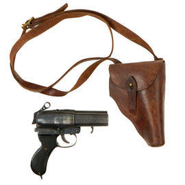 Original Chinese Korean War Era Japanese Type 90 Double Barrel Flare Pistol With Leather Holster and Shoulder Strap - Chinese Made Variant